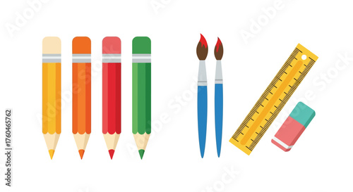 Colorful art supplies including pencils brushes a ruler and eraser
