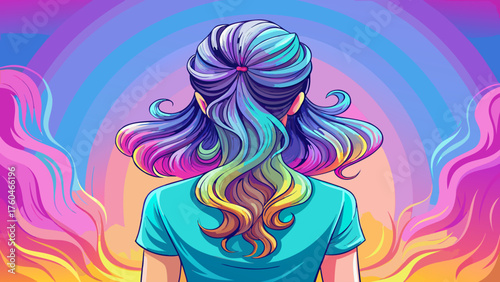 Very beautiful back view of a charming young woman showing her perfectly styled, glossy hair after professional salon treatment — a symbol of beauty, confidence, and wellness against a soft pastel bac