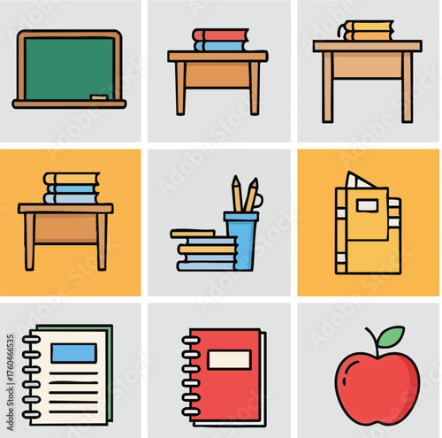 School supplies and education related icons in a grid pattern.