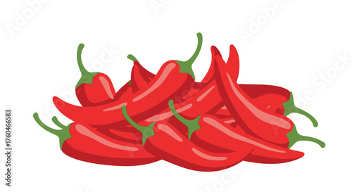 A vibrant pile of red chili peppers with green stems displayed