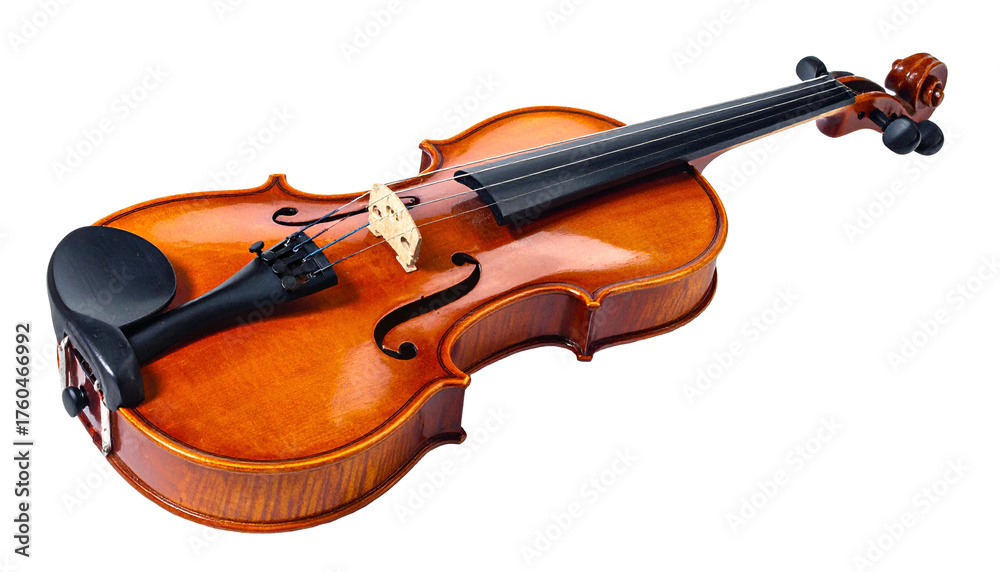 Fototapeta premium Polished wooden violin with black fittings on a dark background