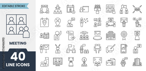 Meeting line icons set with editable stroke. Containing business meeting, conference, presentation, discussion, seminar, interview, brainstorm and more. Vector illustration