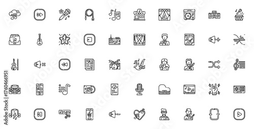 Music icon set. Vector illustration. Includes symbol for guitar, piano, micropone, drum, playlist, vinyl stage, concert, jazz, roc and more. Editable stroke