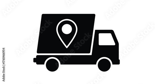 Delivery truck with location pin icon simple black and white graphic
