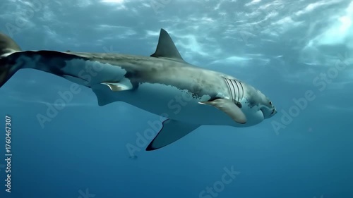 The aquatic predator, a streamlined marine creature, gracefully glides through the deep azure ocean water, showcasing its powerful form, prominent fins, and sharp teeth against the backdrop of...