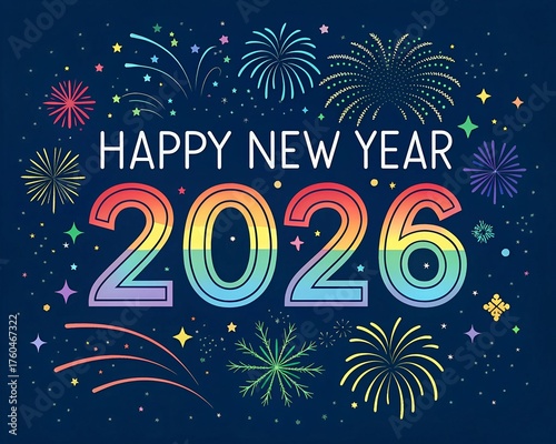 Colorful Happy New Year 2026 Lettering with Rainbow Gradient and Fireworks Doodles,Fun and Youthful New Year 2026 Typography with Sparkling Confetti Background
