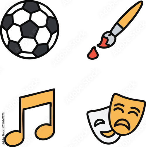 Collection of icons representing various hobbies and interests including sports art music and theater.