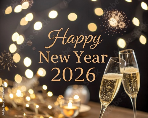 Luxurious Happy New Year 2026 Golden Calligraphy with Champagne Glasses and Bokeh Lights,Elegant 2026 New Year Celebration Background with Gold Typography and Sparkling Champagne Toast