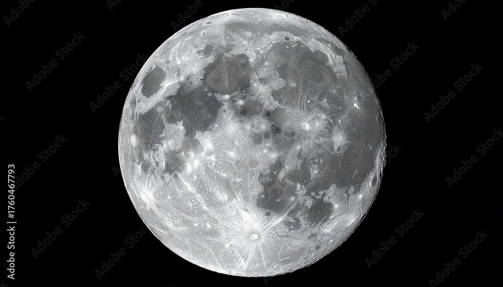 Obraz premium A high-resolution close-up of the full Moon showcasing detailed craters, maria, and highlands against a stark black sky.