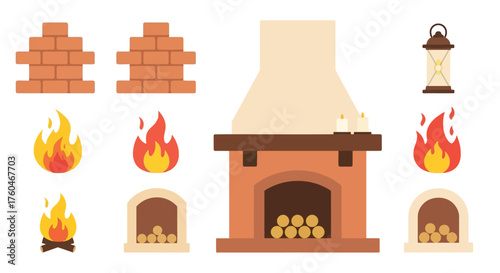 Stylized fireplace elements including bricks flames and a vintage lantern