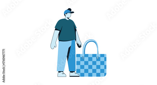 A person wearing casual clothes and carrying a blue shopping bag