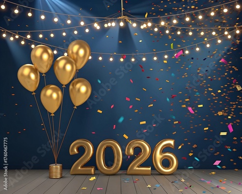 Stylish 2026 New Year Poster with Gold Balloons and Confetti Explosion – Luxury Party Design,Metallic Gold 2026 Balloons with Lights and Glitter – High-Quality New Year Celebration Art