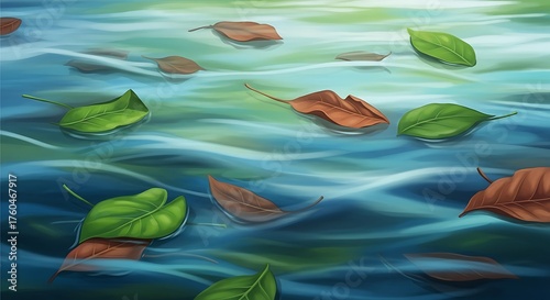 Autumn leaves float gracefully on a tranquil stream, creating a peaceful scene
