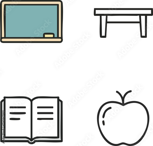 School related items including a chalkboard desk book and apple.