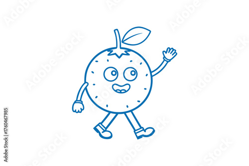 Cartoon orange character happily waves while walking forward in a simple blue outline