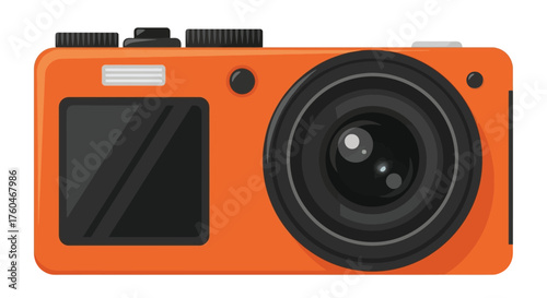 A detailed illustration of an orange digital camera with a large lens