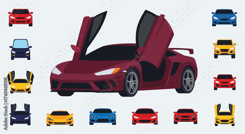 Collection of colorful sports cars in various views and positions