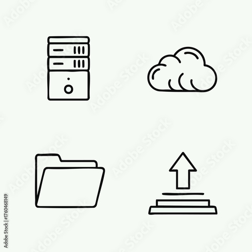 Set of four icons representing cloud computing and data management.