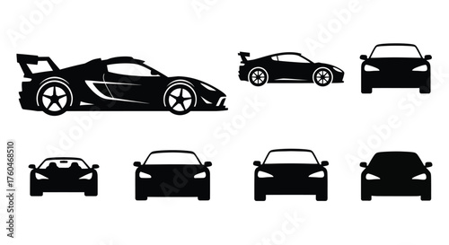 Black sports cars in various views depicted as simple silhouettes