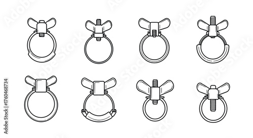 Eight different designs of metal hose clamps in a schematic illustration