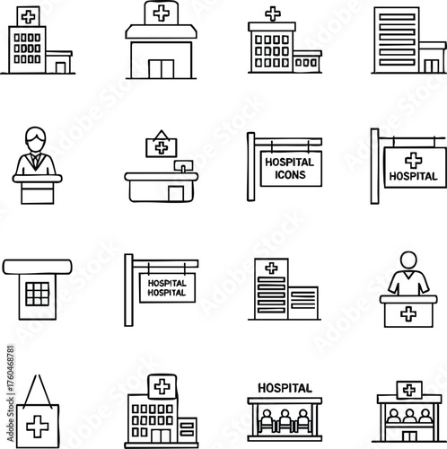 Hospital and Medical Building Line Icons Set.