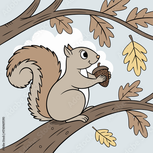 Squirrel holding acorn while sitting on tree branch with leaves  