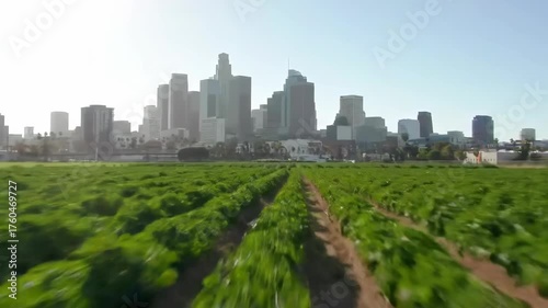 Aerial view showcasing a vibrant green field with crops contrasting against a distant city skyline under a bright, clear daytime sky, providing a striking juxtaposition of urban and rural...