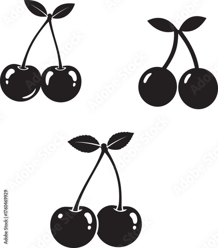 Cherry icon set – three black silhouette vector cherries with leaves isolated on white