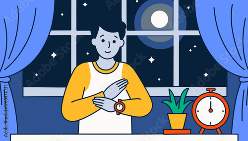 A man looks at his watch in a dimly lit room at midnight, preparing to ring in the New Year.