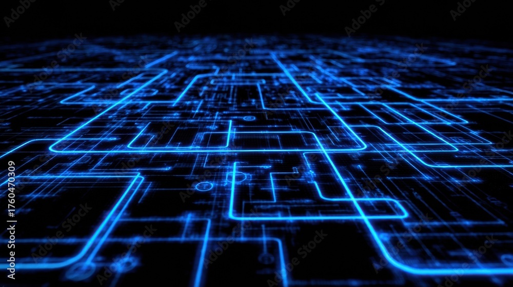 Obraz premium Complex blue lines create an intricate circuit design on a dark background, illustrating concepts of technology and digital networks in a modern setting.