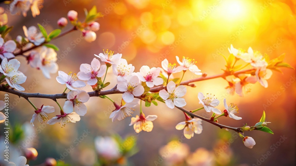 Fototapeta premium Golden Hour Blossoms Delicate Spring Flowers Illuminated by Warm Sunlight on a Branch