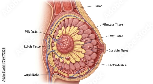 Detailed Cross sectional View of Female Breast Anatomy with Tumor
