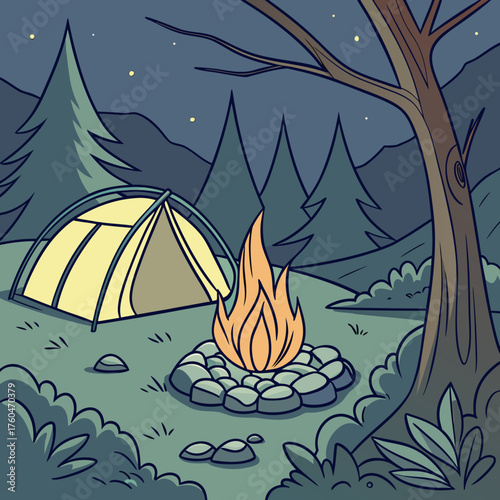 Camping scene with tent and campfire under starry night sky  