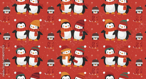 Pattern of cute penguins wearing scarves on red background  