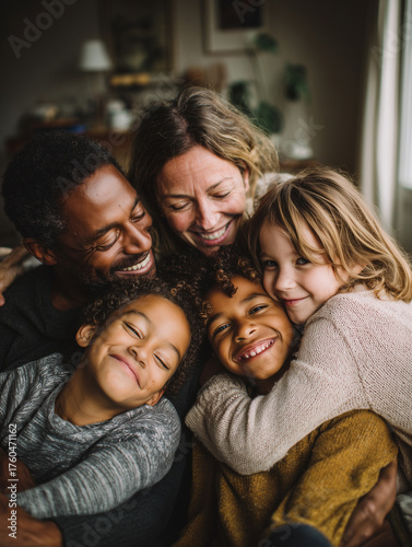 Close-up portrait of a multiracial family of five (parents and three children) sharing a loving, joyful embrace, celebrating diverse family representation and happiness.