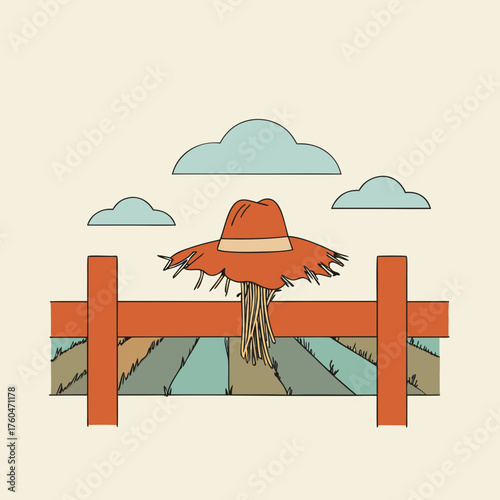 Scarecrow standing by wooden fence in colorful farm landscape  
