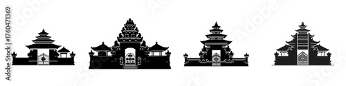 A collection of four black silhouettes depicting traditional Indonesian or Balinese temple gates, known as Pura, on a white background.