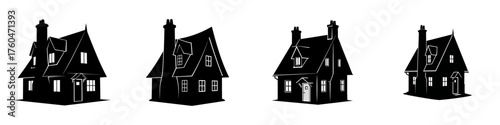 A set of four black silhouettes depicting traditional cottage-style houses of varying sizes on a white background.
