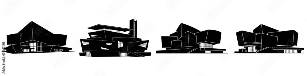 Fototapeta premium Abstract black silhouettes of modern architectural structures, showcasing diverse and complex forms in a minimalist style against a white background.