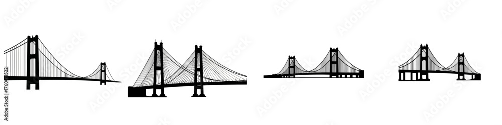 Fototapeta premium Four different illustrations of suspension bridges, showcasing architectural designs and structural variations.