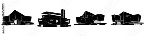 Abstract black silhouettes of modern architectural structures, showcasing diverse and complex forms in a minimalist style against a white background.