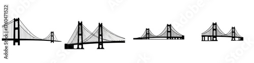 Four different illustrations of suspension bridges, showcasing architectural designs and structural variations.