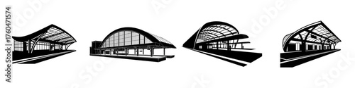 Set of four stylized black and white illustrations showcasing different architectural designs for railway station platforms and their distinctive roofs.
