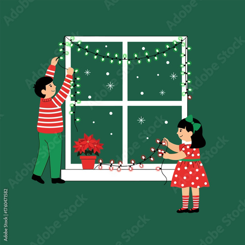 Children Decorating Window with Christmas Lights and Poinsettia.