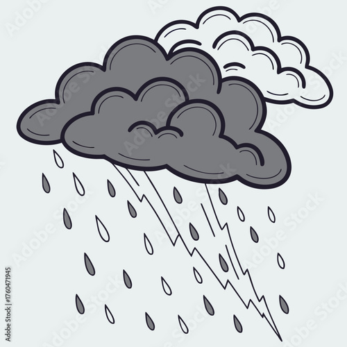 Dark clouds raining with lightning in sketch style illustration  