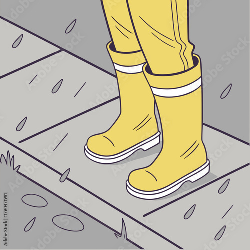 Yellow rubber boots worn by a person standing on wet pavement  