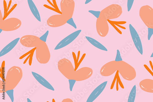 Playful abstract floral pattern with peach and orange petals, blue leaves, and a pink background — perfect for modern prints, fabric, and wallpapers.