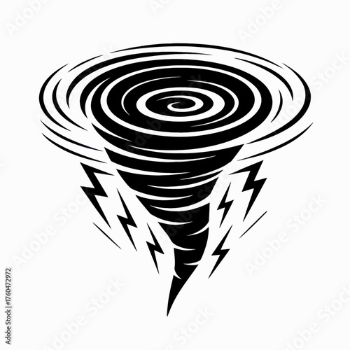 Dramatic black and white tornado illustration with lightning strikes creating a powerful weather concept and symbol of natural disaster