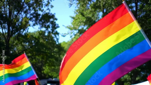 Display of colorful flags waving in the wind, symbolizing unity, diversity, and expression, within an outdoor setting with lush green trees under a clear blue sky.