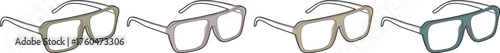 A collection of modern stylish eyeglasses in various muted colors, isolated on a white background. Set of fashionable eyewear frames for vision correction